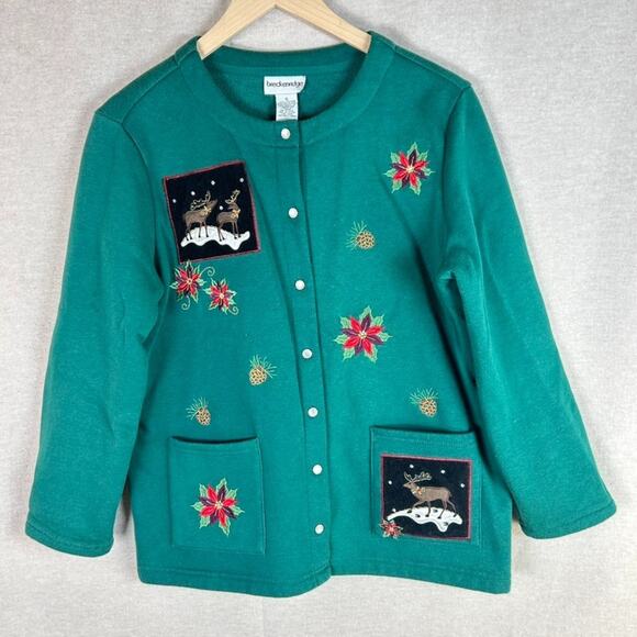 breckenridge Sweaters - VTG Breckenridge Womens Patchwork Cardigan Size S Christmas Holidays‎ Reindeer